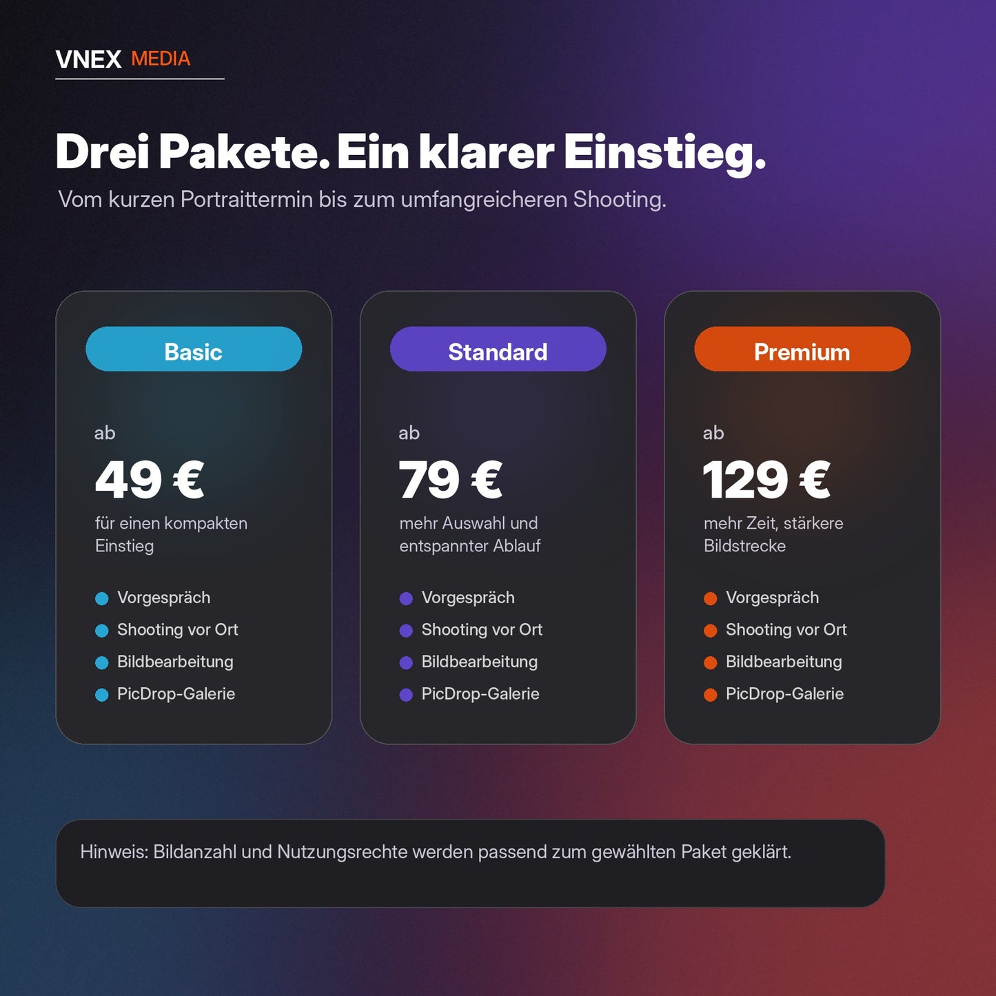 Portraitshooting Pakete Basic Standard Premium mit Preisen – VNEX Media