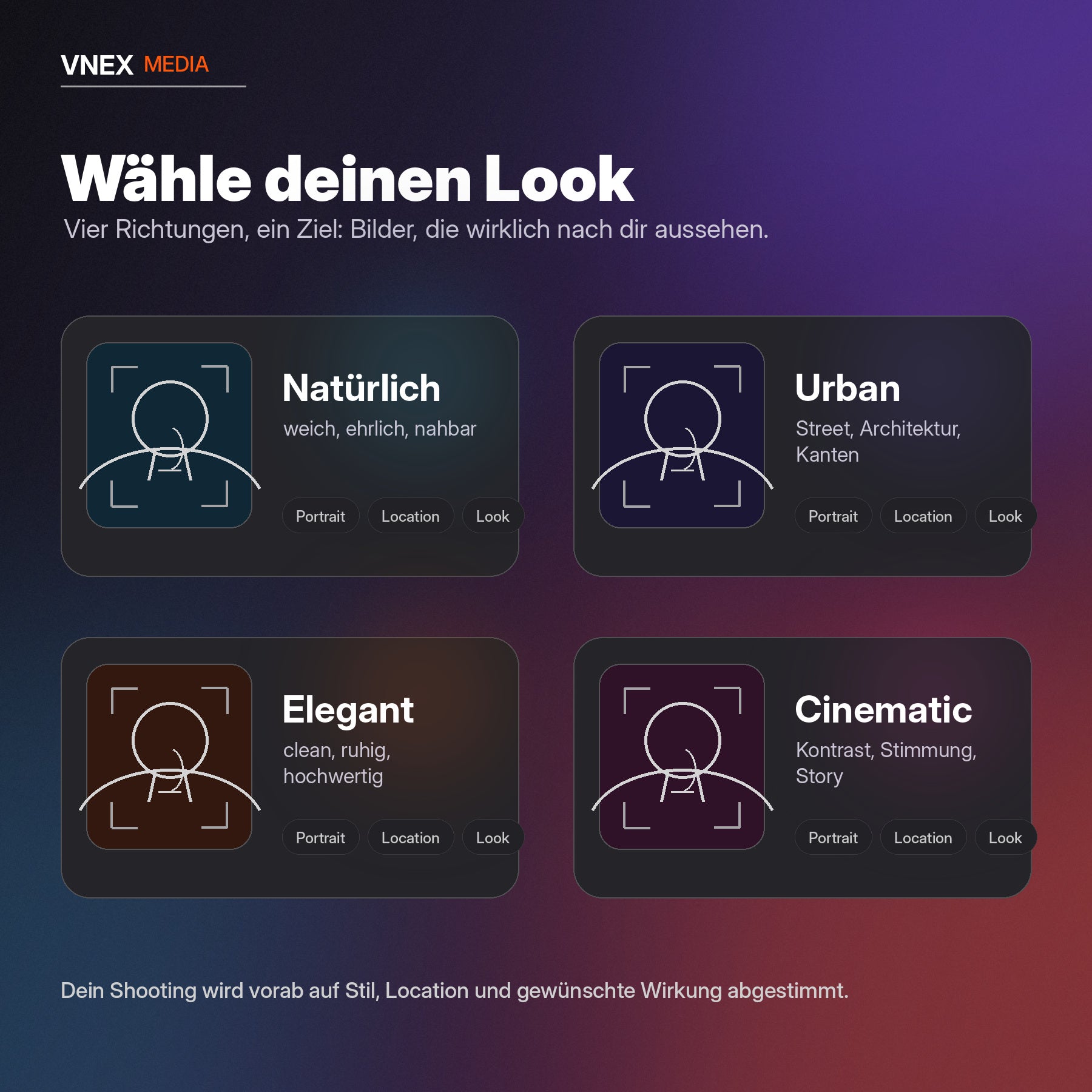 Portraitshooting Stilrichtungen natürlich urban elegant cinematic – VNEX Media